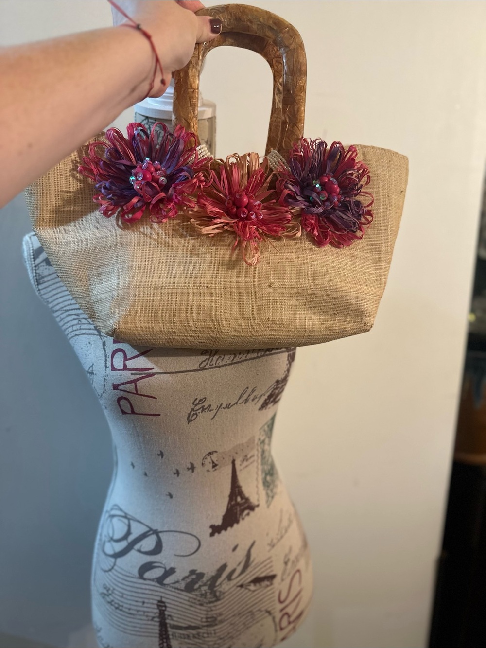 Natural Straw Tote with Pink Floral Trim and Wooden Handles